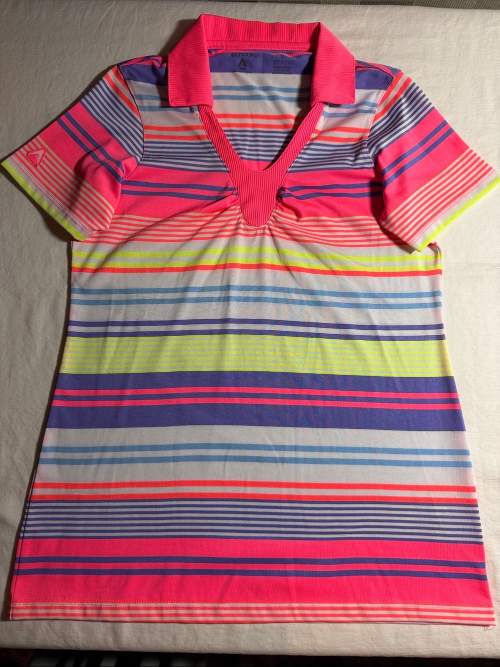 Antigua Bright Multi-Stripe Polo Top with Neon Pink Collar